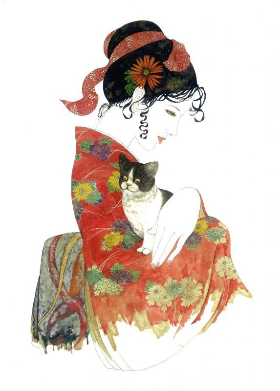 正規米倉斉加年 リトグラフ 「 仔猫 と赤い 着物 の 娘 」119/250 私の美術館 版画 美人画 猫 子猫 石版画、リトグラフ